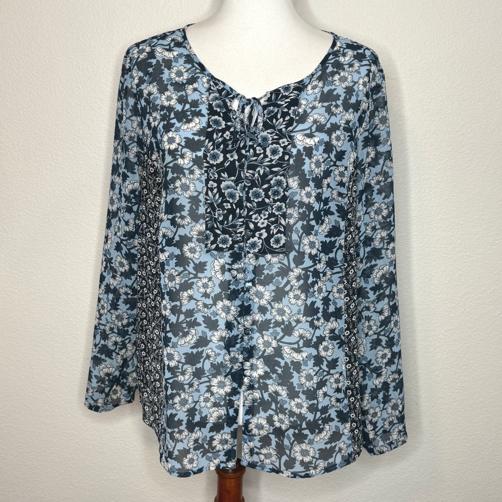 J. JILL Sheer Peasant Top LG PETITE Blue Floral LS Boho Cottage Core Bohemian‎